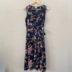 Women’s Sleeveless Wrap Tie Midi Ruffle Slit Black Floral Dress